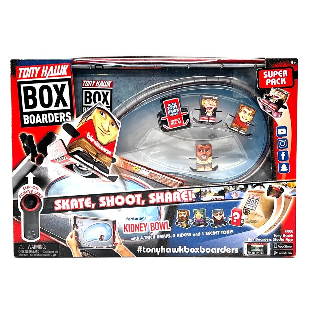 Tony Hawk Box Boarders Super Pack Kidney Bowl 4 Mini Figures Clip-On Lens New